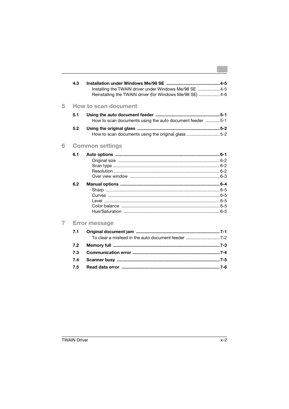 5how to scan document, 6common settings, 7error message | Konica Minolta bizhub 160 User Manual | Page 3 / 36