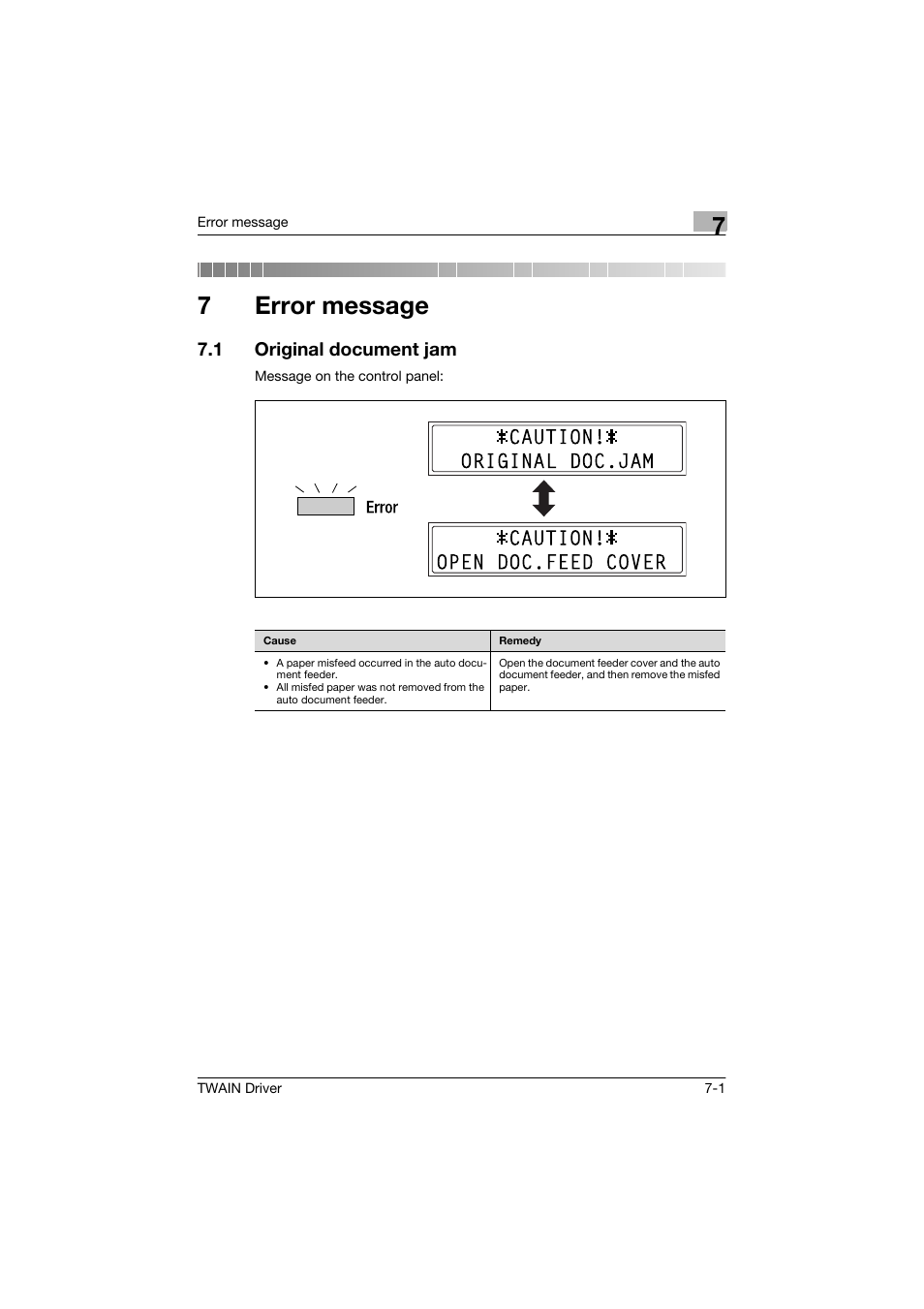 7 error message, 1 original document jam, Error message | Original document jam -1, 7error message | Konica Minolta bizhub 160 User Manual | Page 30 / 36