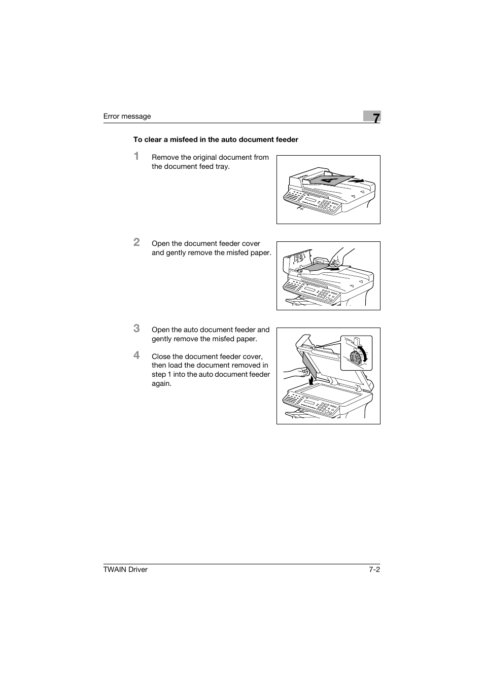 To clear a misfeed in the auto document feeder, To clear a misfeed in the auto document feeder -2 | Konica Minolta bizhub 160 User Manual | Page 31 / 36