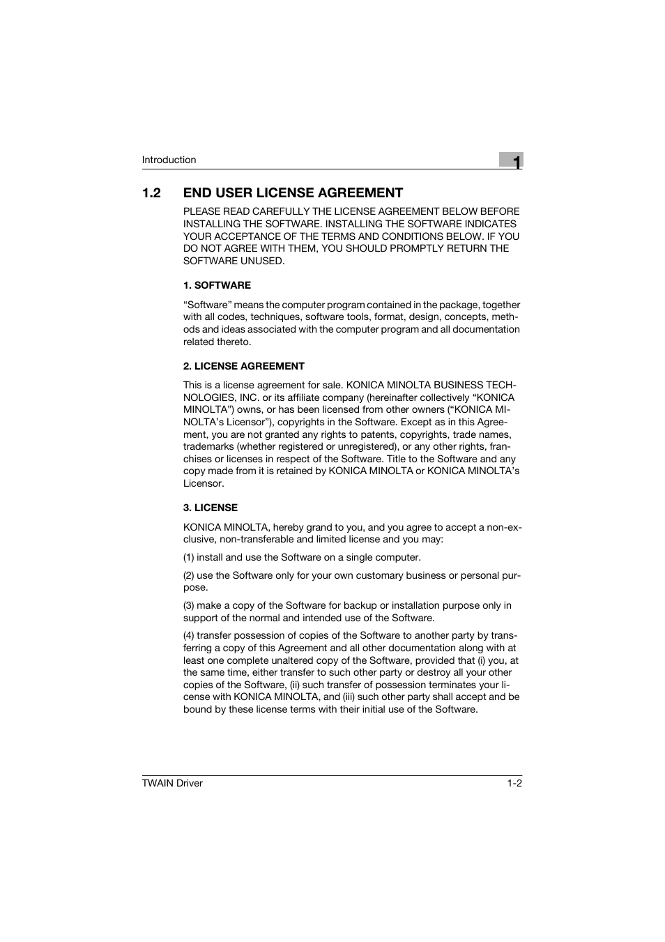 2 end user license agreement, Software, License agreement | License, End user license agreement -2, Software -2 2. license agreement -2 3. license -2 | Konica Minolta bizhub 160 User Manual | Page 5 / 36