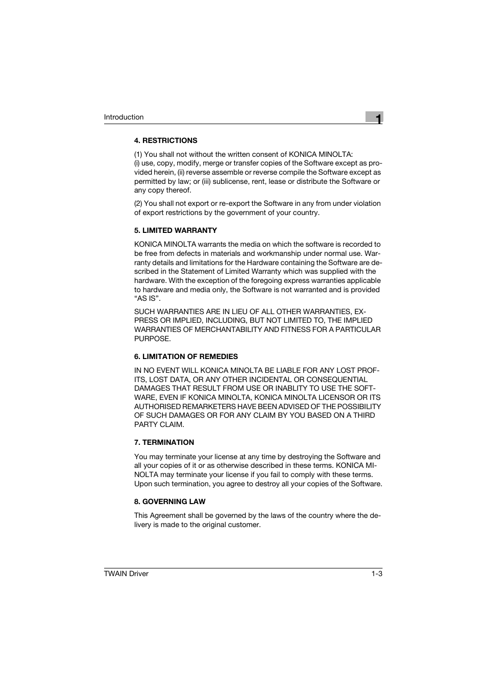 Restrictions, Limited warranty, Limitation of remedies | Termination, Governing law | Konica Minolta bizhub 160 User Manual | Page 6 / 36