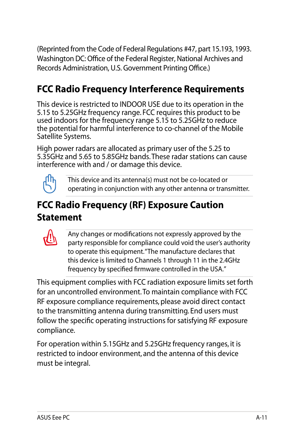 Fcc radio frequency interference requirements | Asus Eee PC 8G  EN User Manual | Page 117 / 140