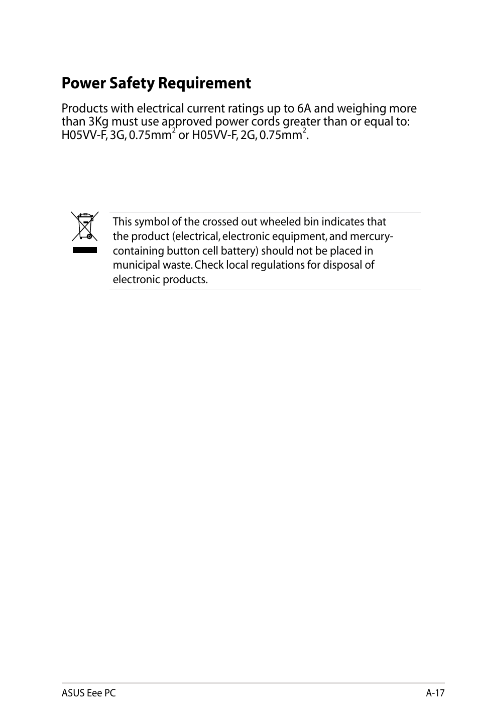 Power safety requirement | Asus Eee PC 8G  EN User Manual | Page 123 / 140