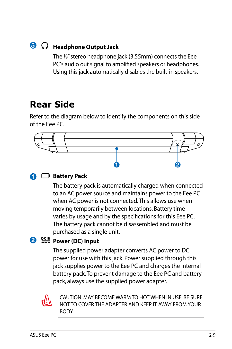 Rear side | Asus Eee PC 8G  EN User Manual | Page 21 / 140