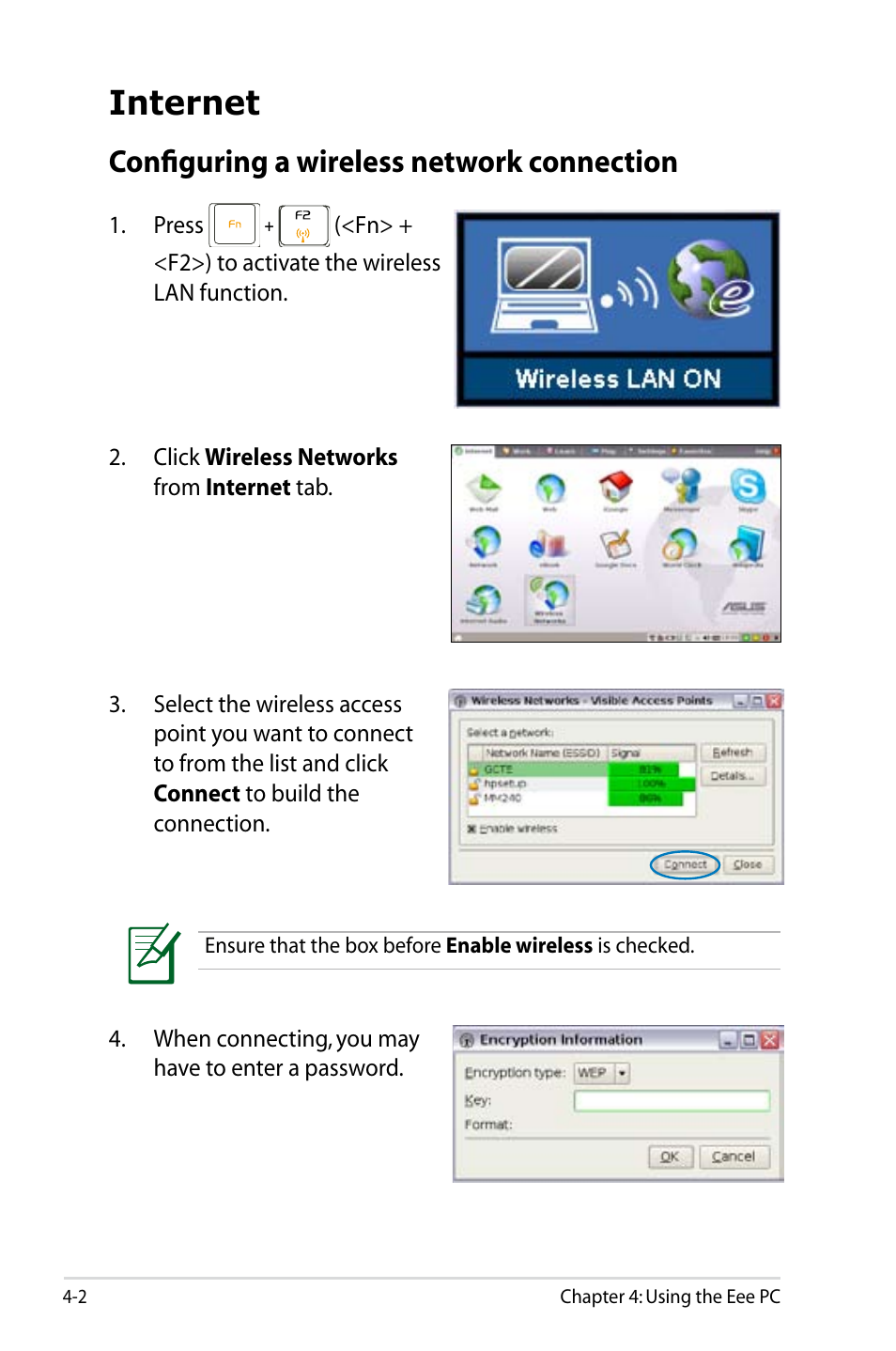 Internet, Configuring a wireless network connection | Asus Eee PC 8G  EN User Manual | Page 38 / 140