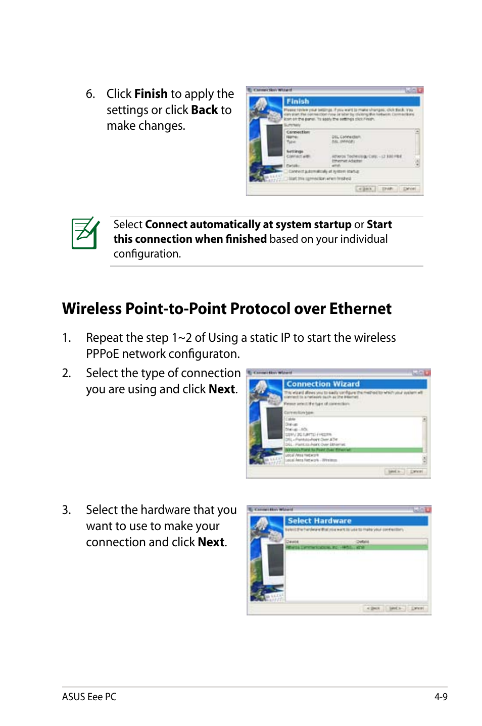 Wireless point-to-point protocol over ethernet | Asus Eee PC 8G  EN User Manual | Page 45 / 140