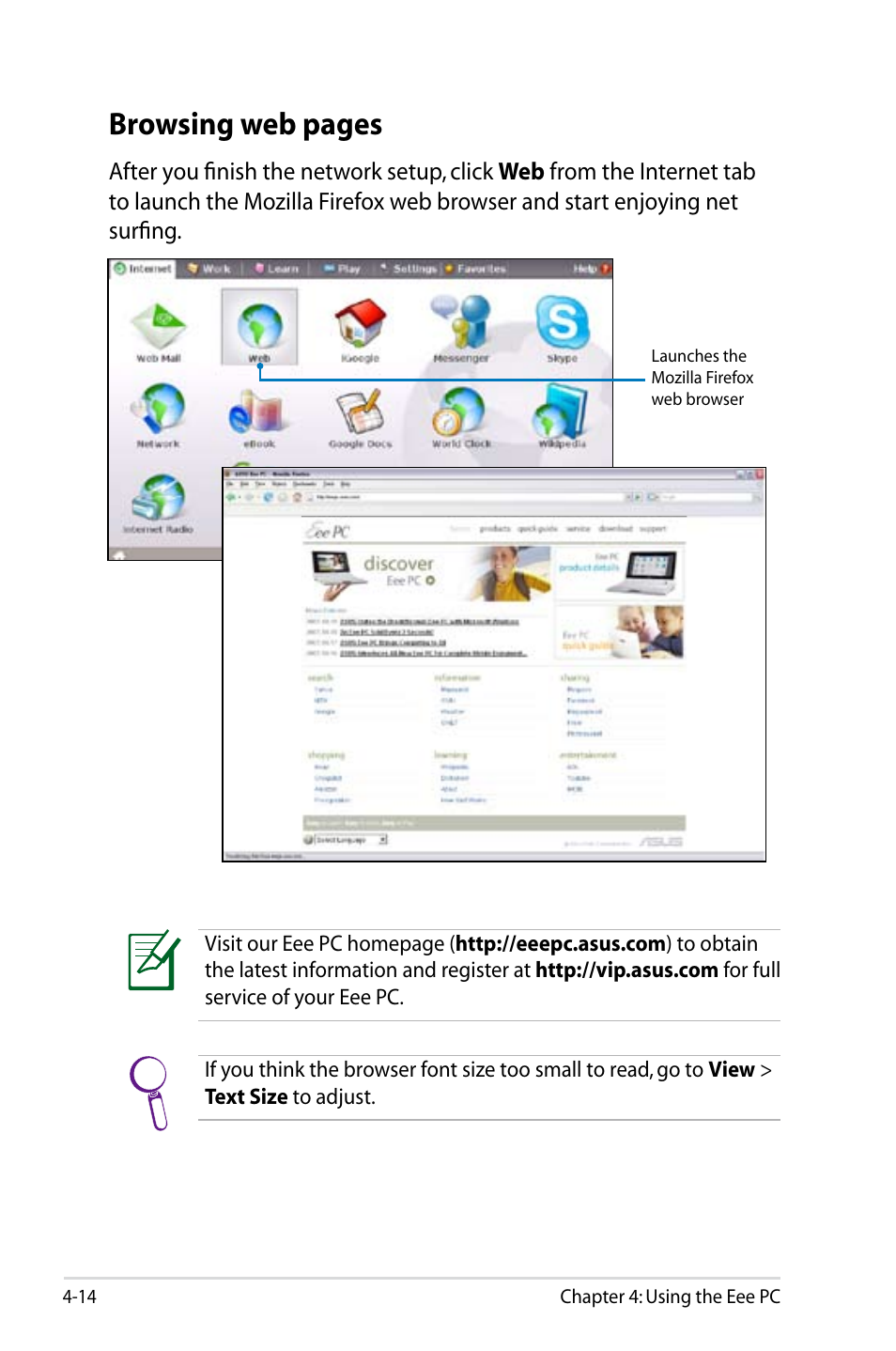 Browsing web pages | Asus Eee PC 8G  EN User Manual | Page 50 / 140