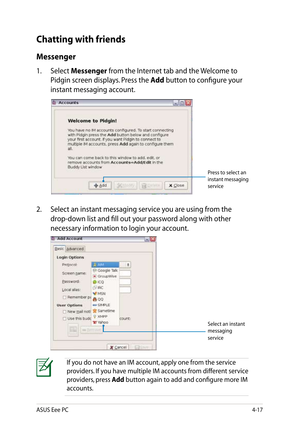 Chatting with friends, Messenger | Asus Eee PC 8G  EN User Manual | Page 53 / 140