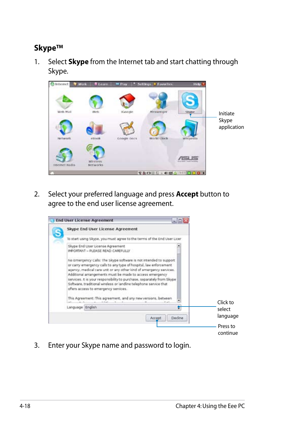 Skype | Asus Eee PC 8G  EN User Manual | Page 54 / 140