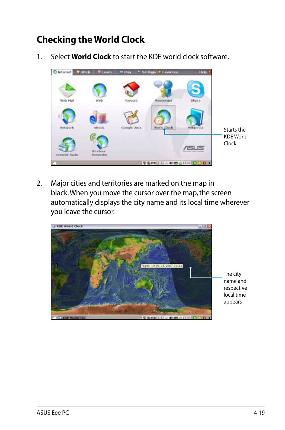 Checking the world clock | Asus Eee PC 8G  EN User Manual | Page 55 / 140