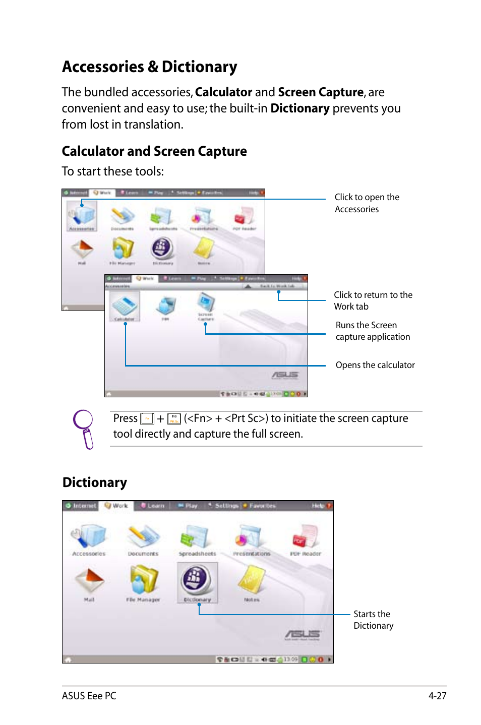 Accessories & dictionary, Calculator and screen capture, Dictionary | Asus Eee PC 8G  EN User Manual | Page 63 / 140