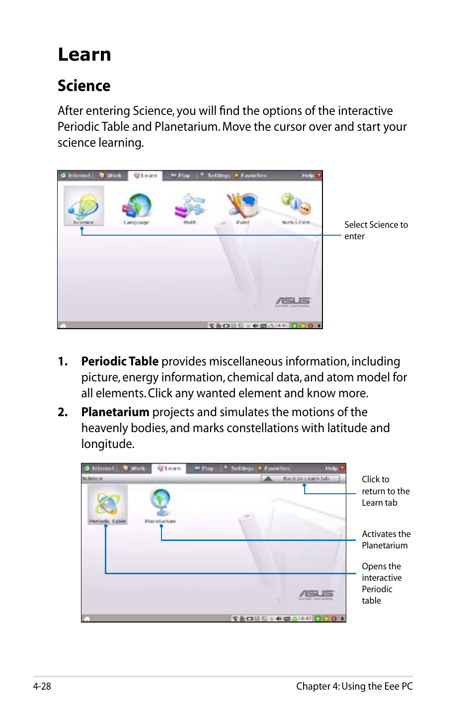 Learn, Science | Asus Eee PC 8G  EN User Manual | Page 64 / 140