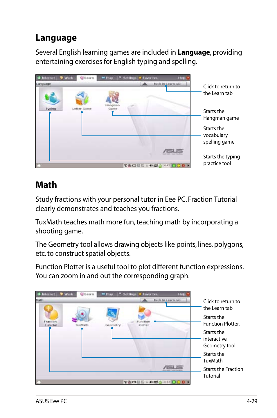 Language, Math | Asus Eee PC 8G  EN User Manual | Page 65 / 140