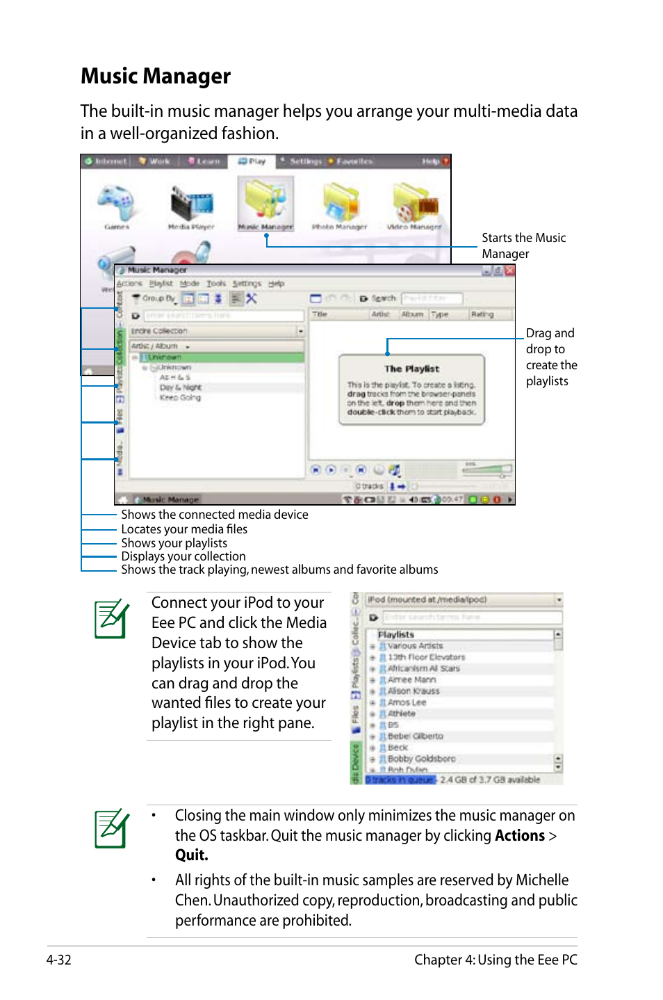 Music manager | Asus Eee PC 8G  EN User Manual | Page 68 / 140