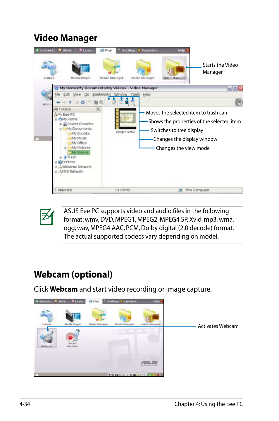 Webcam (optional), Video manager | Asus Eee PC 8G  EN User Manual | Page 70 / 140