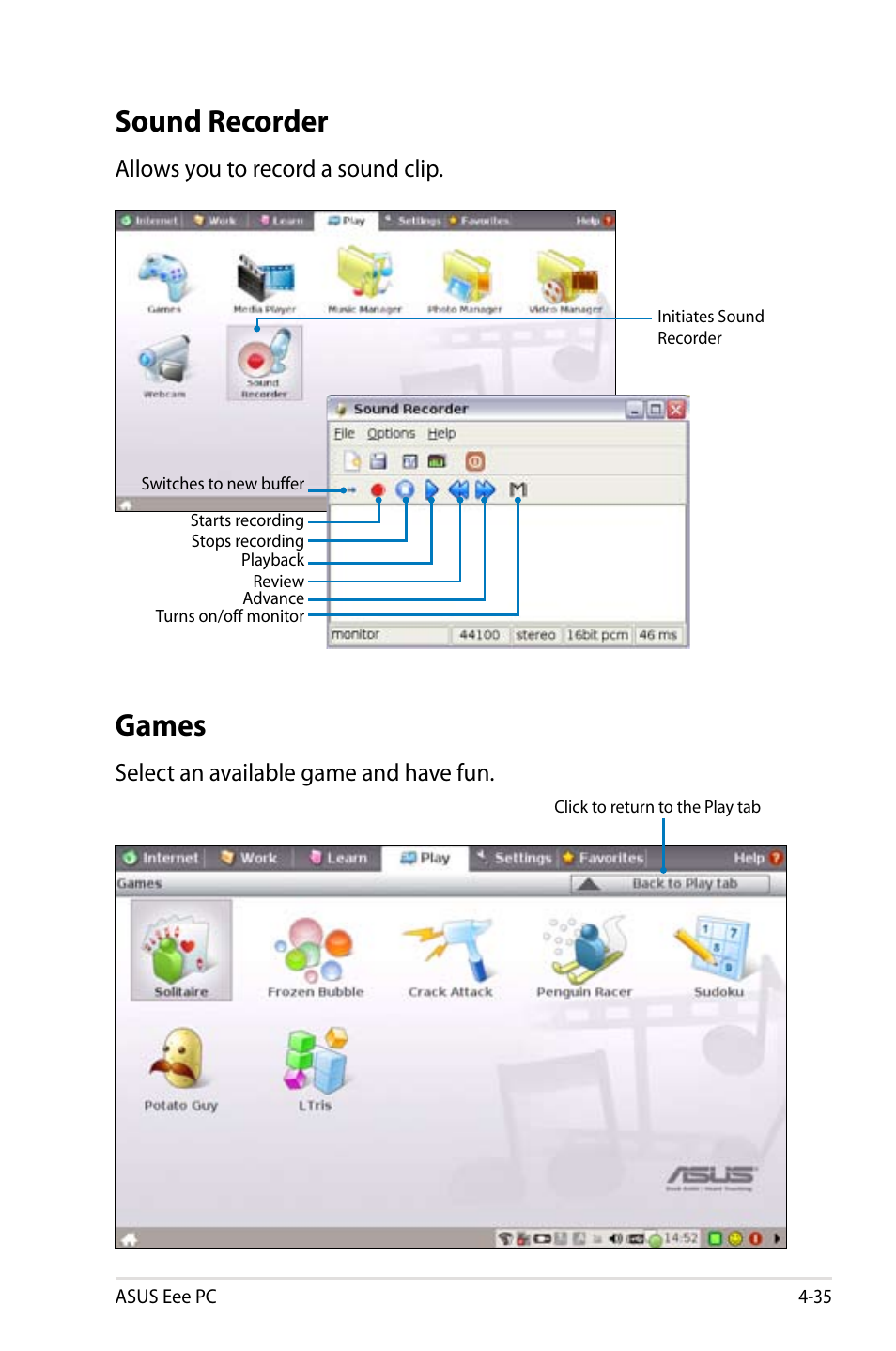 Games, Sound recorder, Select an available game and have fun | Allows you to record a sound clip | Asus Eee PC 8G  EN User Manual | Page 71 / 140