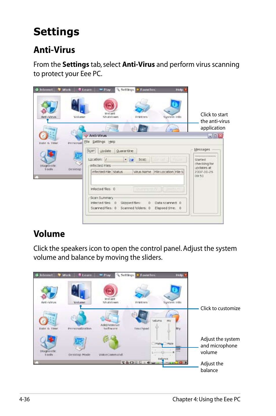 Settings, Anti-virus, Volume | Asus Eee PC 8G  EN User Manual | Page 72 / 140