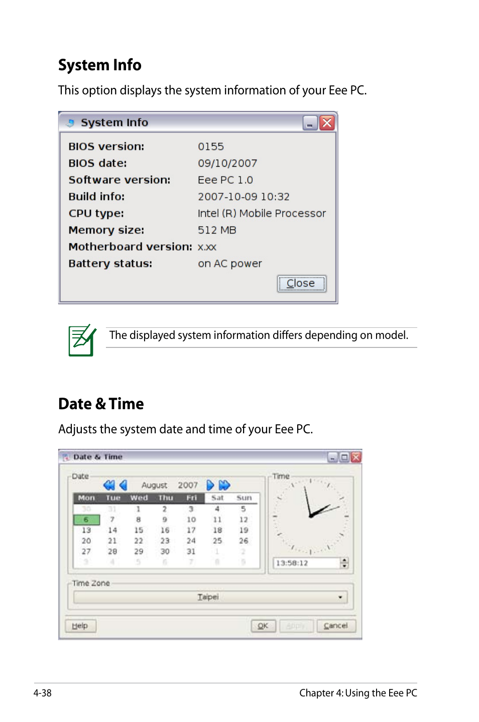 System info, Date & time | Asus Eee PC 8G  EN User Manual | Page 74 / 140