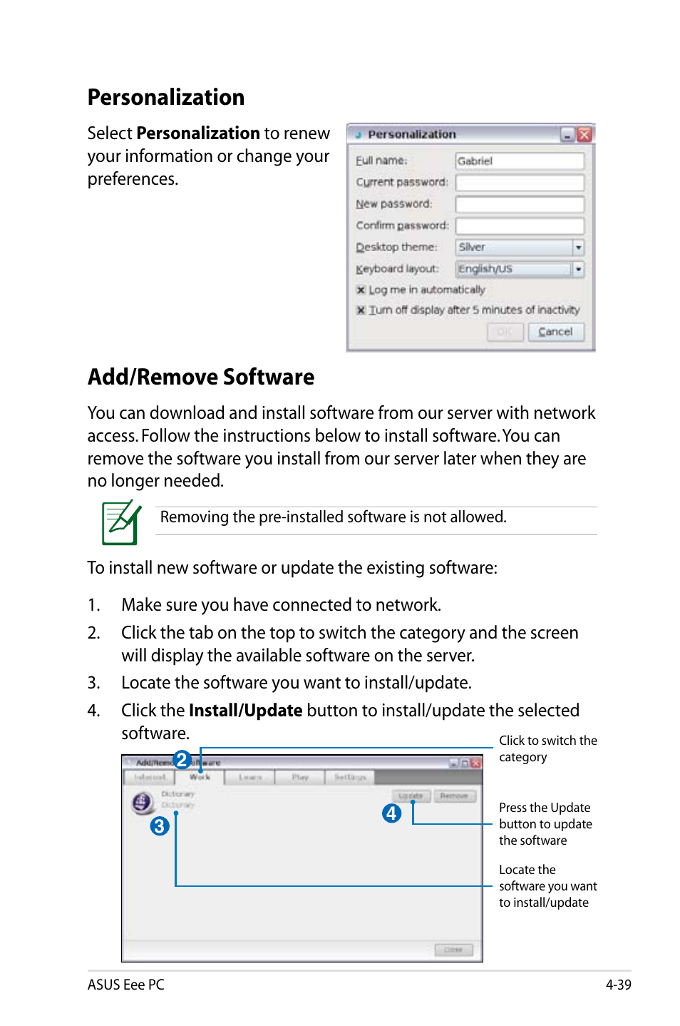 Personalization, Add/remove software | Asus Eee PC 8G  EN User Manual | Page 75 / 140