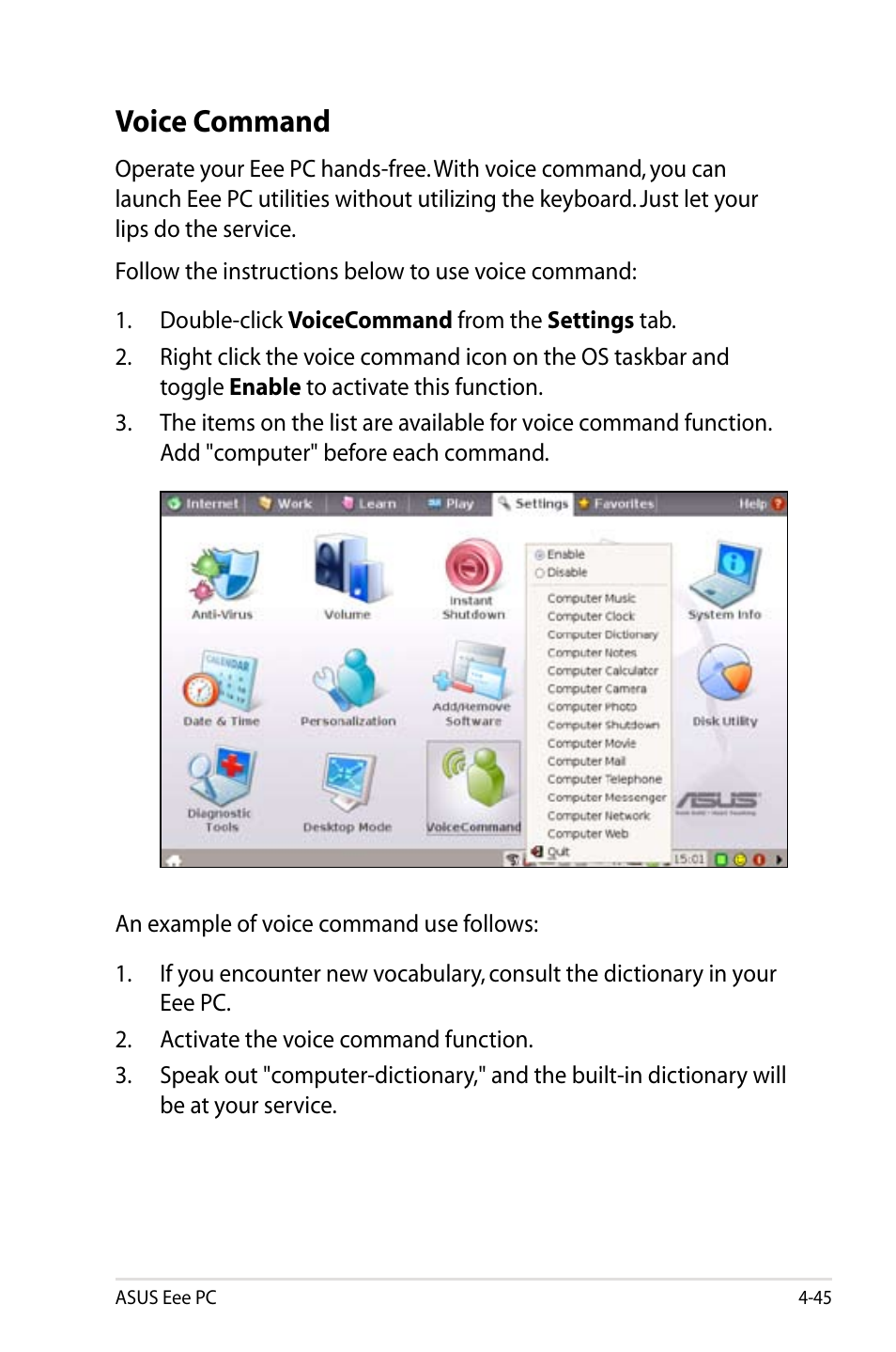 Voice command | Asus Eee PC 8G  EN User Manual | Page 81 / 140