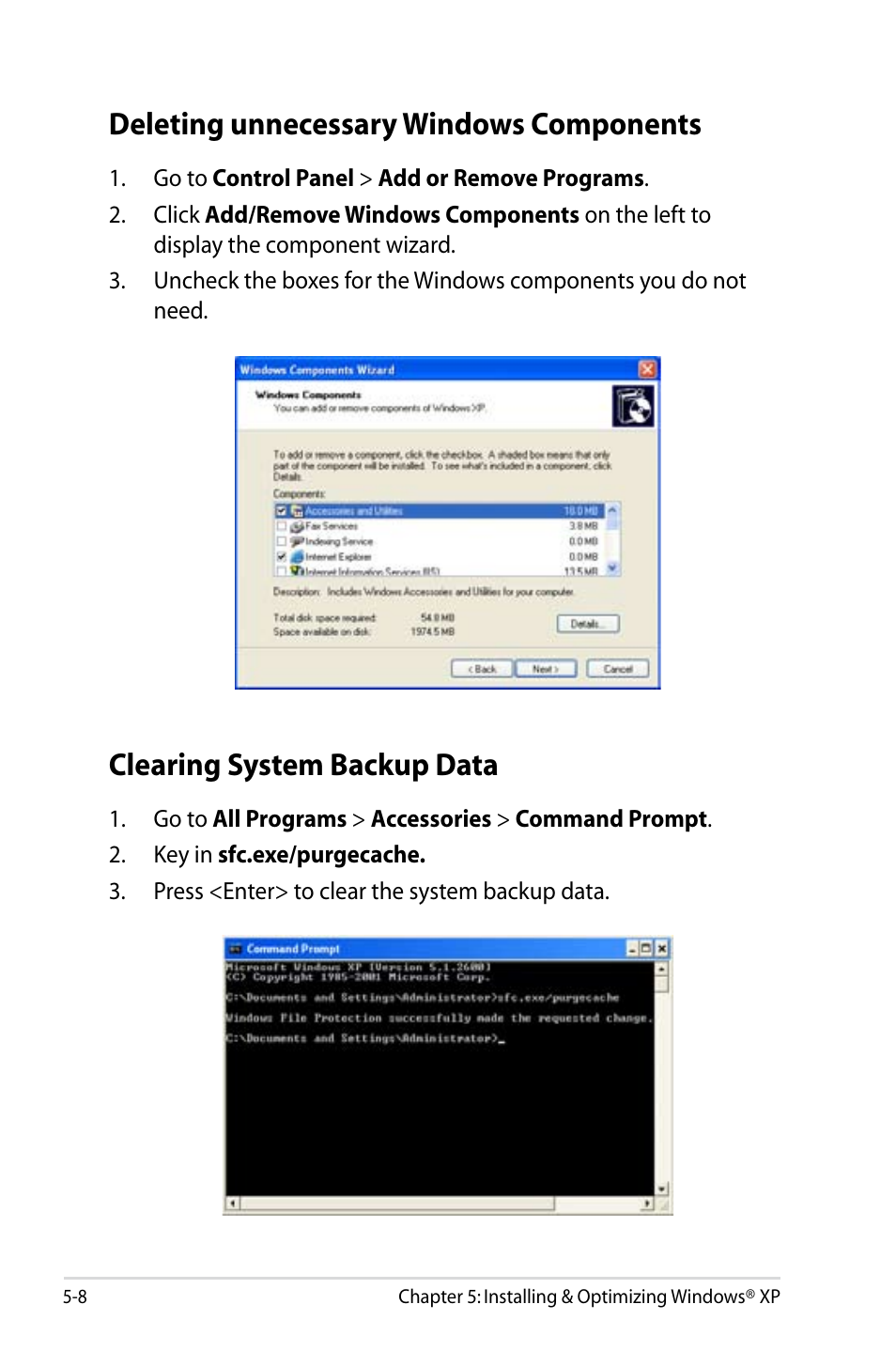 Deleting unnecessary windows components, Clearing system backup data | Asus Eee PC 8G  EN User Manual | Page 92 / 140