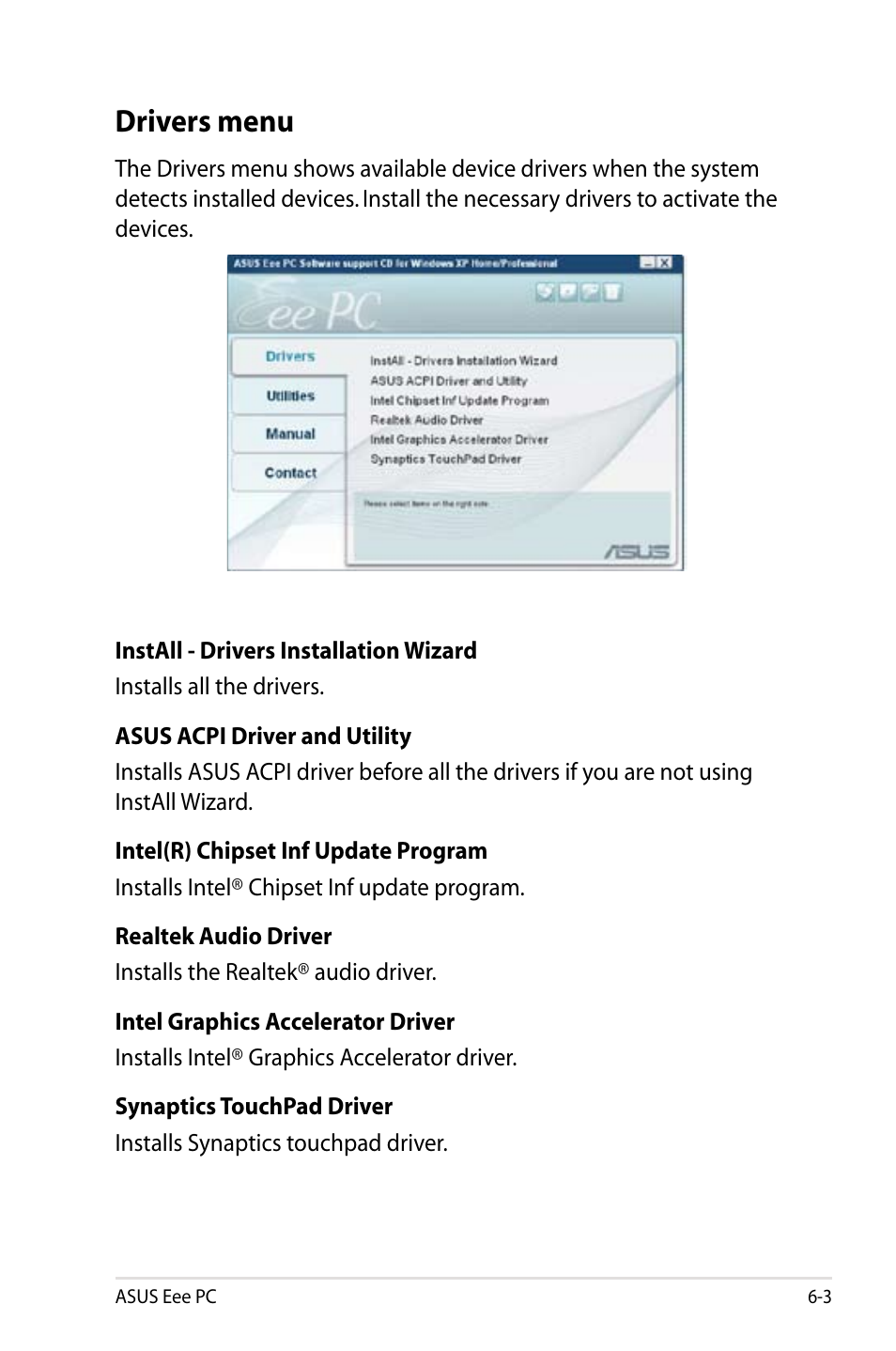 Drivers menu | Asus Eee PC 8G  EN User Manual | Page 97 / 140