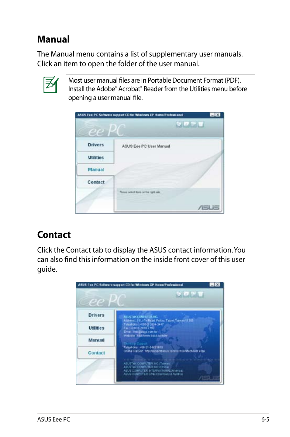 Contact, Manual | Asus Eee PC 8G  EN User Manual | Page 99 / 140