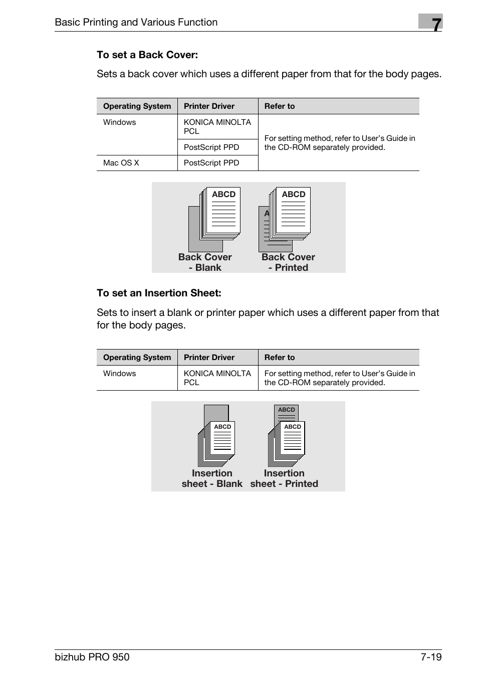 To set a back cover, To set an insertion sheet, Basic printing and various function | Back cover - blank back cover - printed, Insertion sheet - blank insertion sheet - printed | Konica Minolta bizhub PRO 950 User Manual | Page 104 / 122