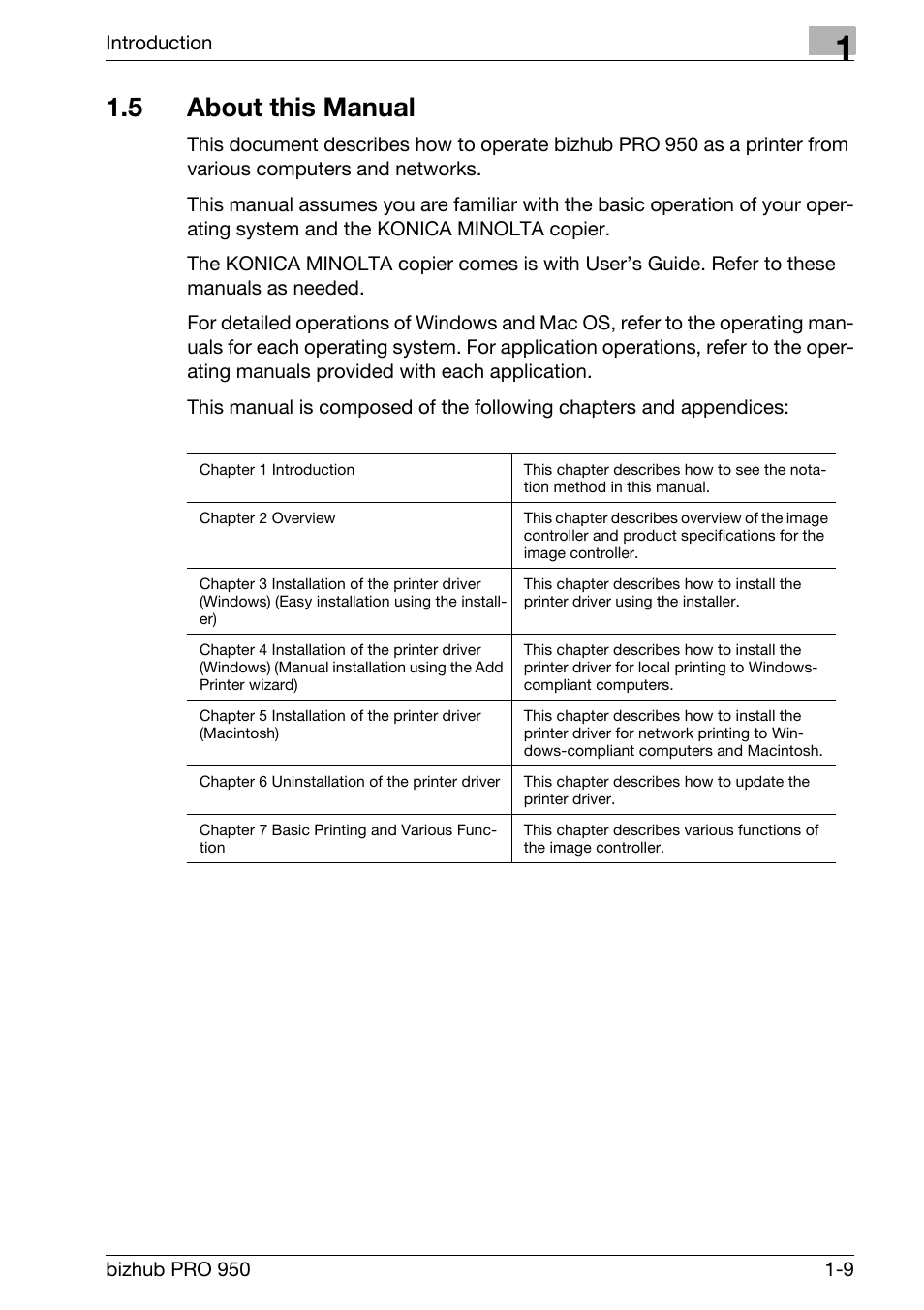 5 about this manual, About this manual -9 | Konica Minolta bizhub PRO 950 User Manual | Page 14 / 122