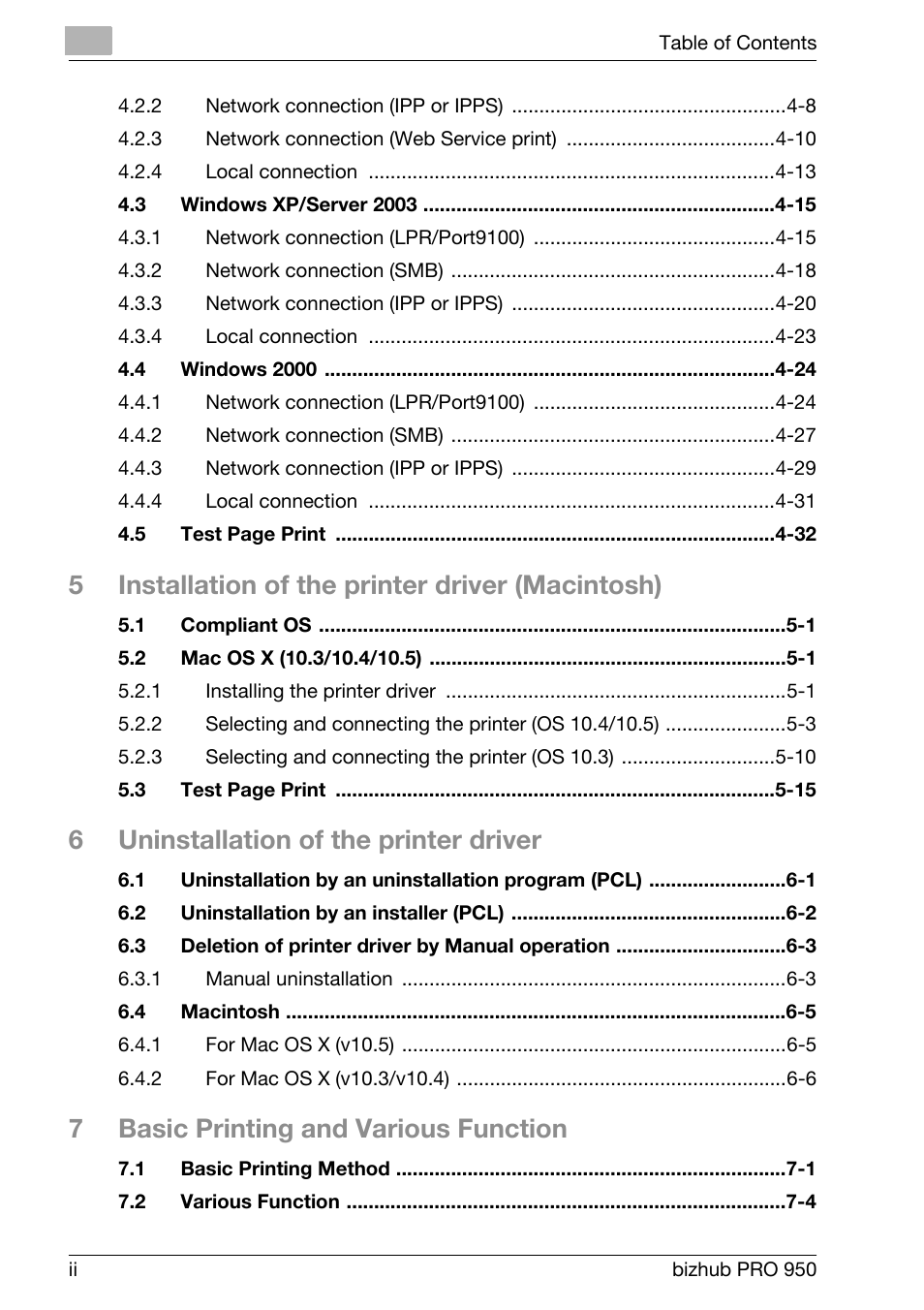 5installation of the printer driver (macintosh), 6uninstallation of the printer driver, 7basic printing and various function | Konica Minolta bizhub PRO 950 User Manual | Page 3 / 122