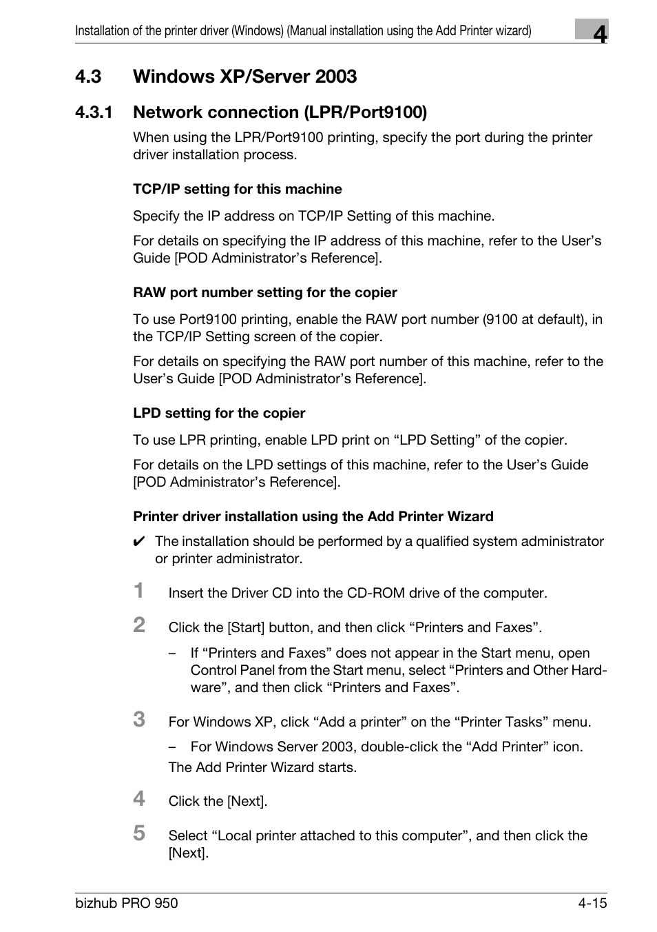 3 windows xp/server 2003, 1 network connection (lpr/port9100), Tcp/ip setting for this machine | Raw port number setting for the copier, Lpd setting for the copier, Windows xp/server 2003 -15, Network connection (lpr/port9100) -15 | Konica Minolta bizhub PRO 950 User Manual | Page 46 / 122