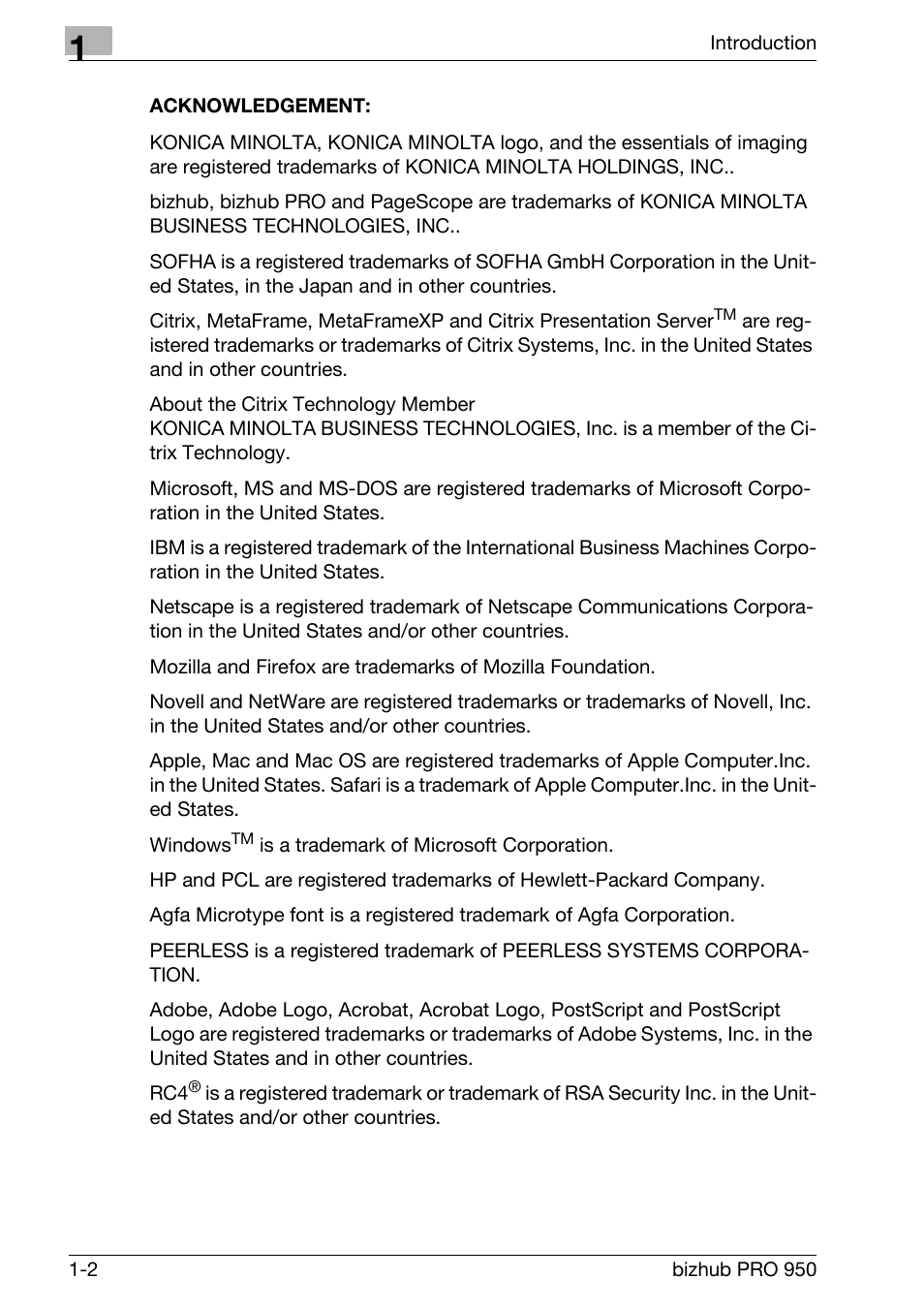 Acknowledgement | Konica Minolta bizhub PRO 950 User Manual | Page 7 / 122