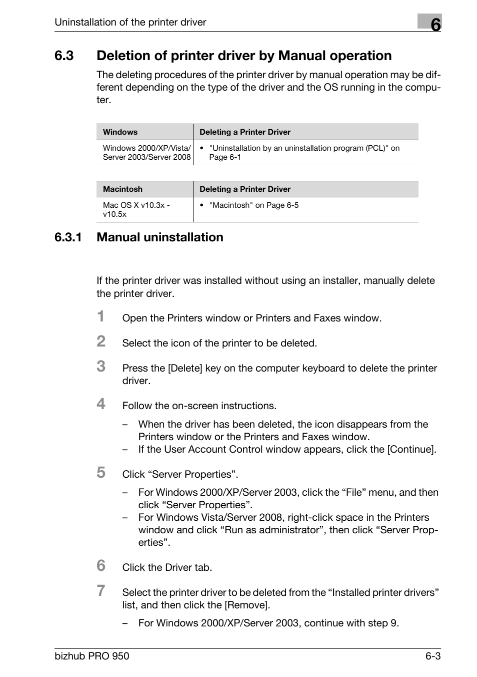 3 deletion of printer driver by manual operation, 1 manual uninstallation, Deletion of printer driver by manual operation -3 | Manual uninstallation -3 | Konica Minolta bizhub PRO 950 User Manual | Page 82 / 122