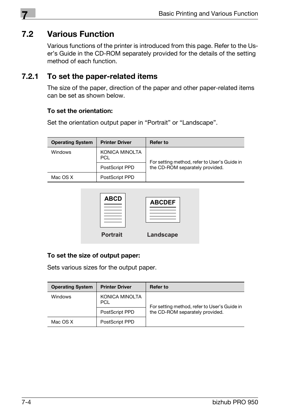 2 various function, 1 to set the paper-related items, To set the orientation | To set the size of output paper, Various function -4, To set the paper-related items -4 | Konica Minolta bizhub PRO 950 User Manual | Page 89 / 122