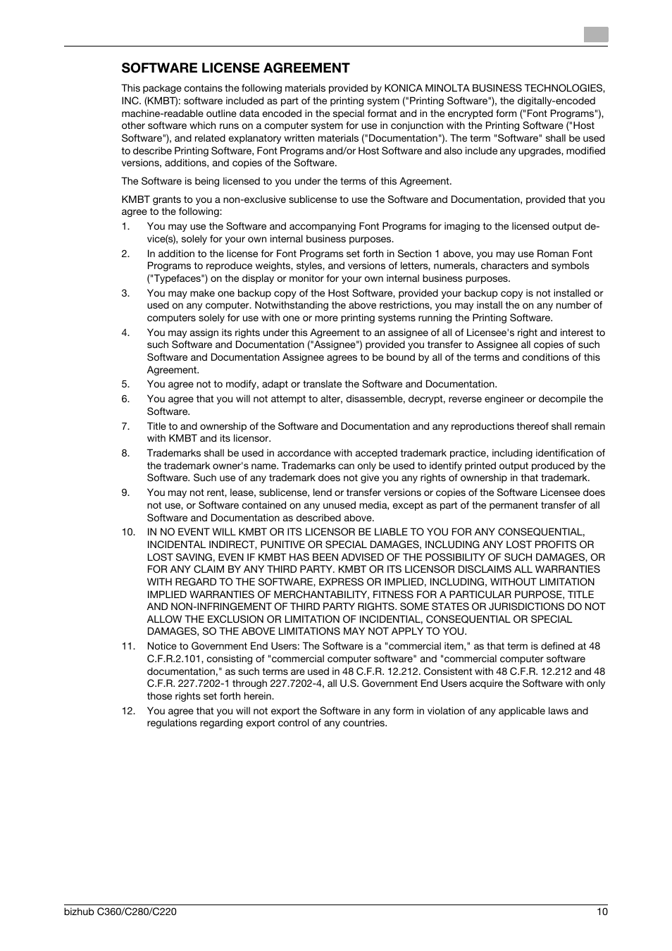 Software license agreement | Konica Minolta BIZHUB C360 User Manual | Page 11 / 18