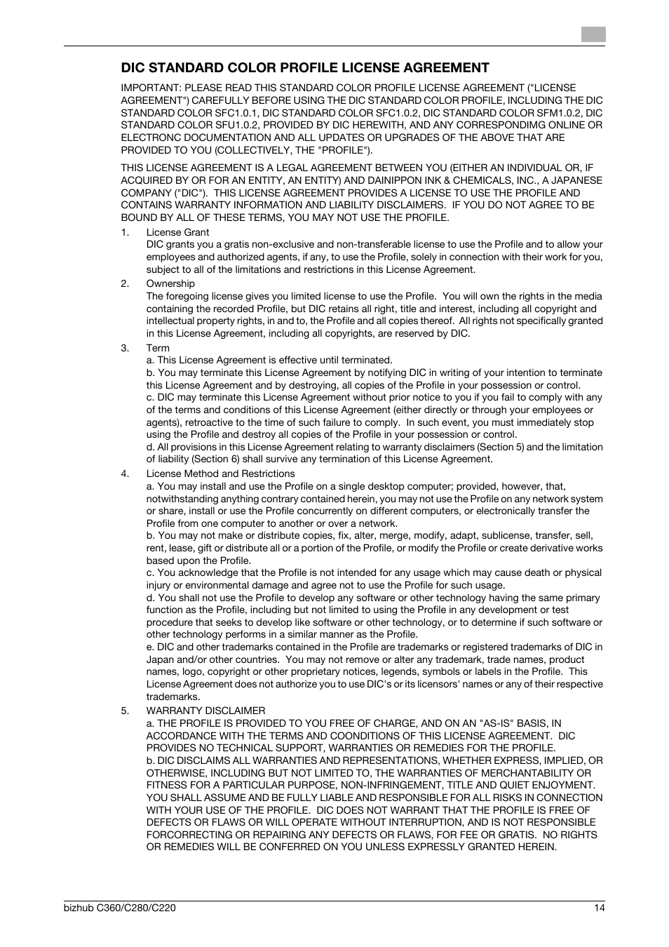 Dic standard color profile license agreement | Konica Minolta BIZHUB C360 User Manual | Page 15 / 18