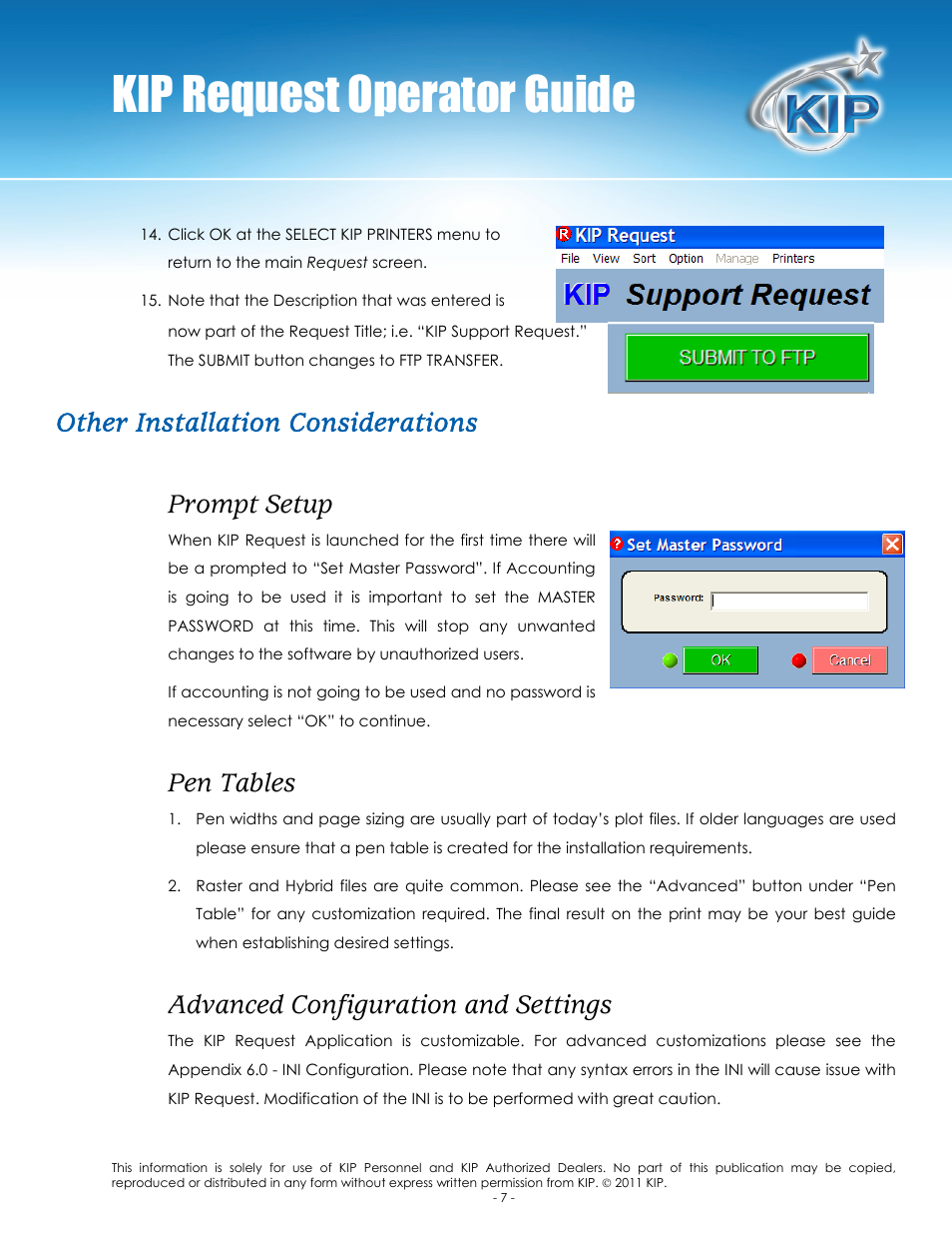 Kip request operator guide, Other installation considerations prompt setup, Pen tables | Advanced configuration and settings | Konica Minolta KIP C7800 User Manual | Page 11 / 84