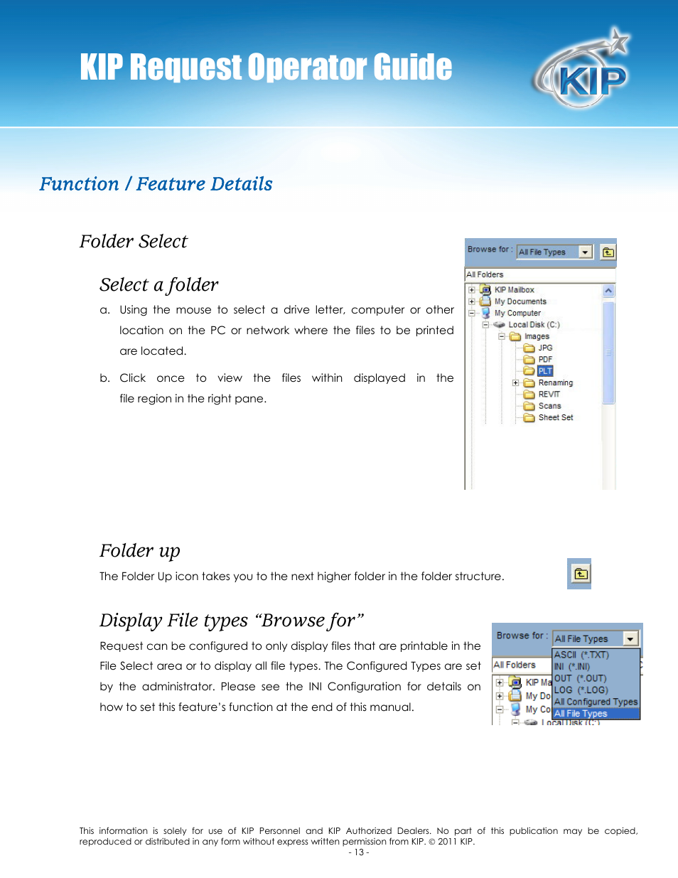 Kip request operator guide, Folder up, Display file types “browse for | Konica Minolta KIP C7800 User Manual | Page 17 / 84