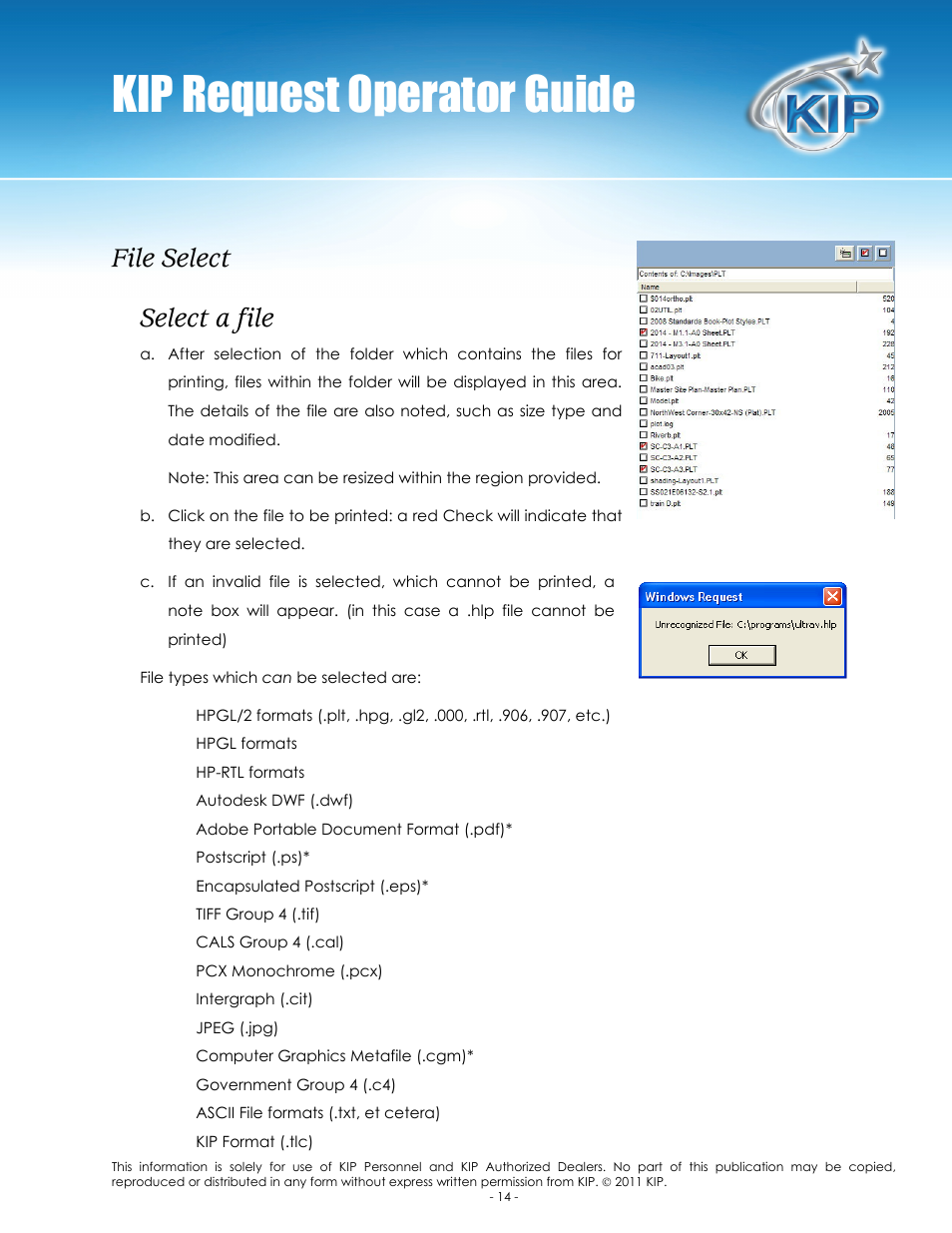 Kip request operator guide, File select select a file | Konica Minolta KIP C7800 User Manual | Page 18 / 84