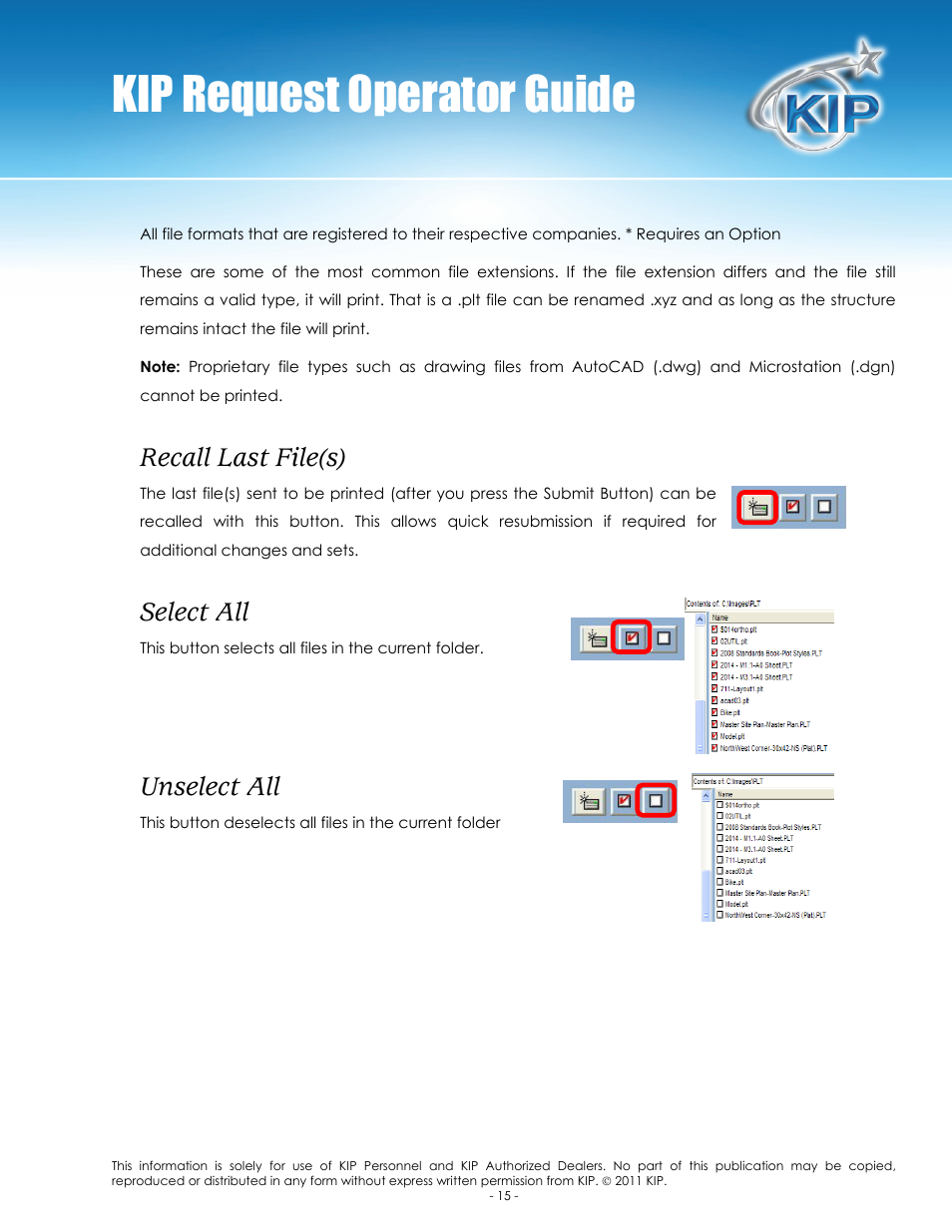 Kip request operator guide, Recall last file(s), Select all | Unselect all | Konica Minolta KIP C7800 User Manual | Page 19 / 84