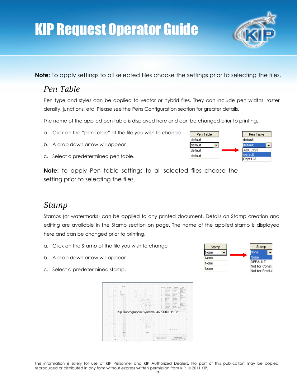 Kip request operator guide, Pen table, Stamp | Konica Minolta KIP C7800 User Manual | Page 21 / 84