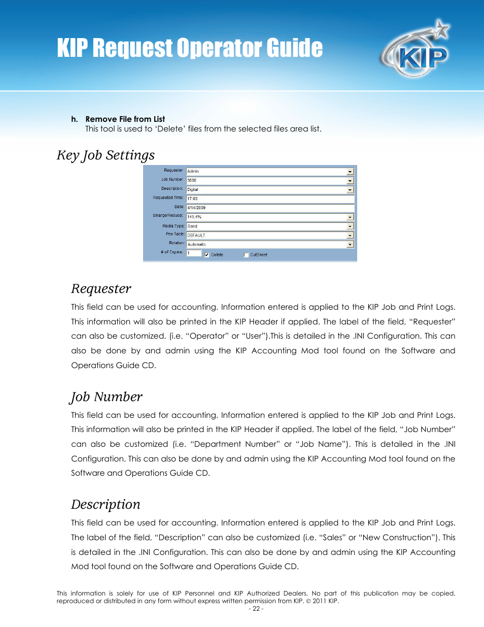 Kip request operator guide, Key job settings, Requester | Job number, Description | Konica Minolta KIP C7800 User Manual | Page 26 / 84