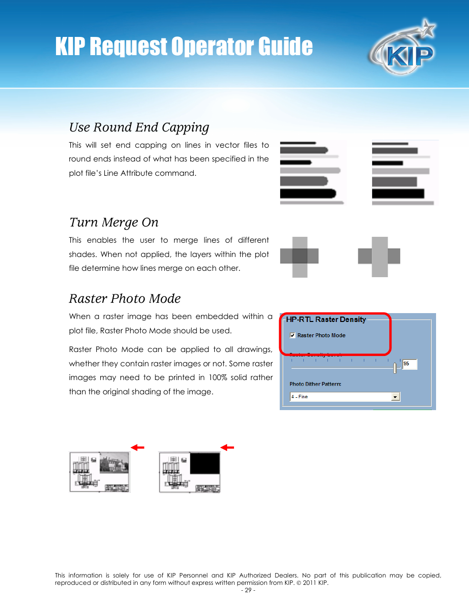 Kip request operator guide, Use round end capping, Turn merge on | Raster photo mode | Konica Minolta KIP C7800 User Manual | Page 33 / 84