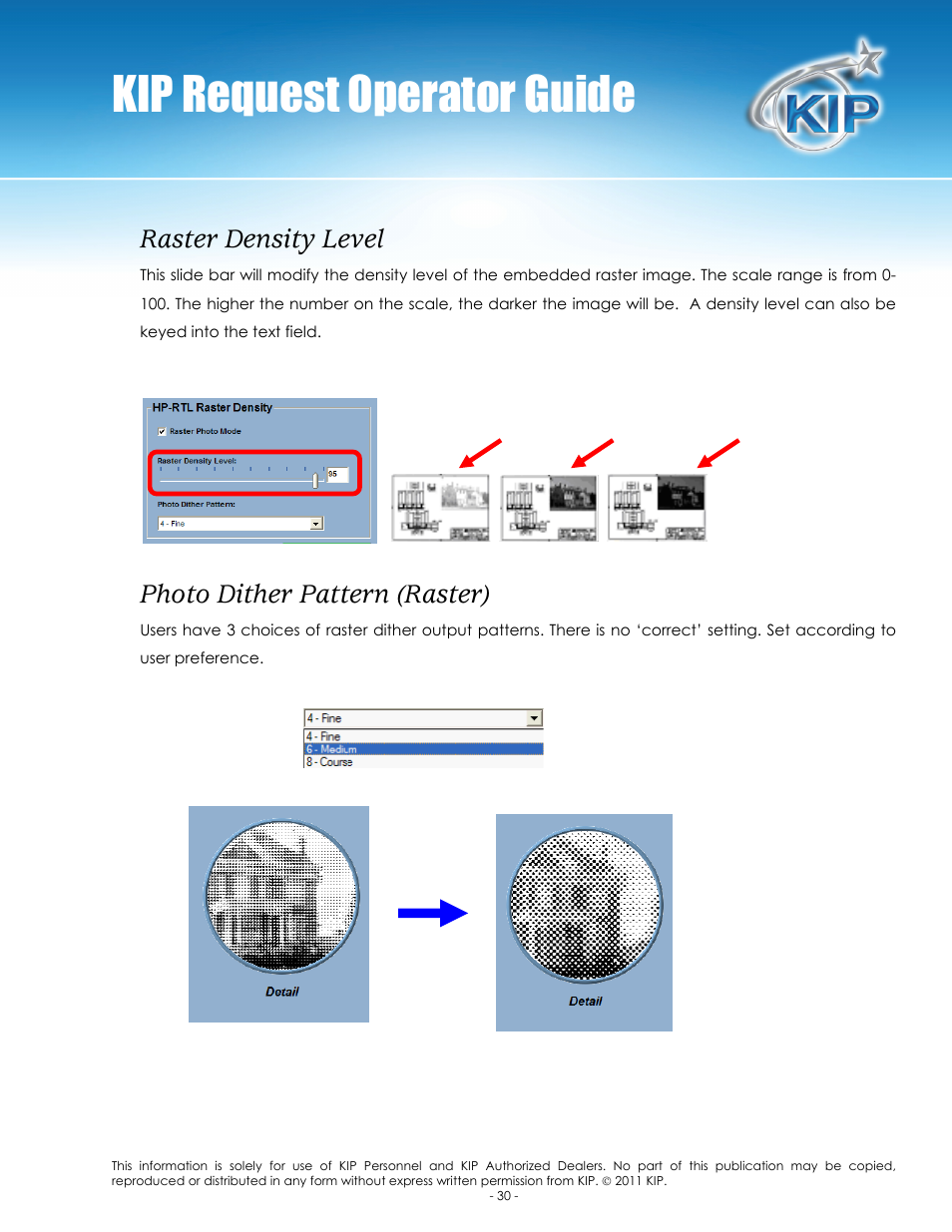 Kip request operator guide, Raster density level, Photo dither pattern (raster) | Konica Minolta KIP C7800 User Manual | Page 34 / 84