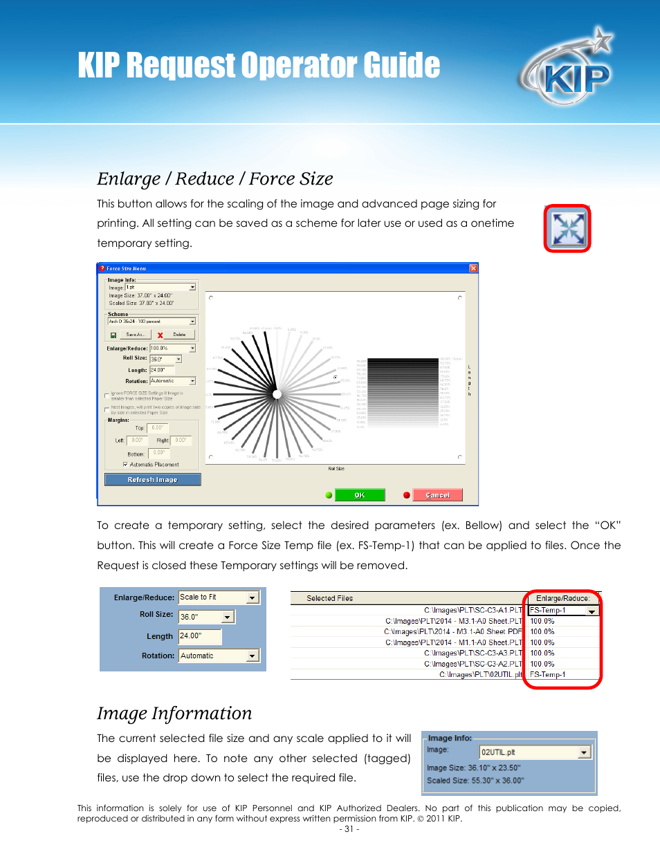 Kip request operator guide, Enlarge / reduce / force size, Image information | Konica Minolta KIP C7800 User Manual | Page 35 / 84