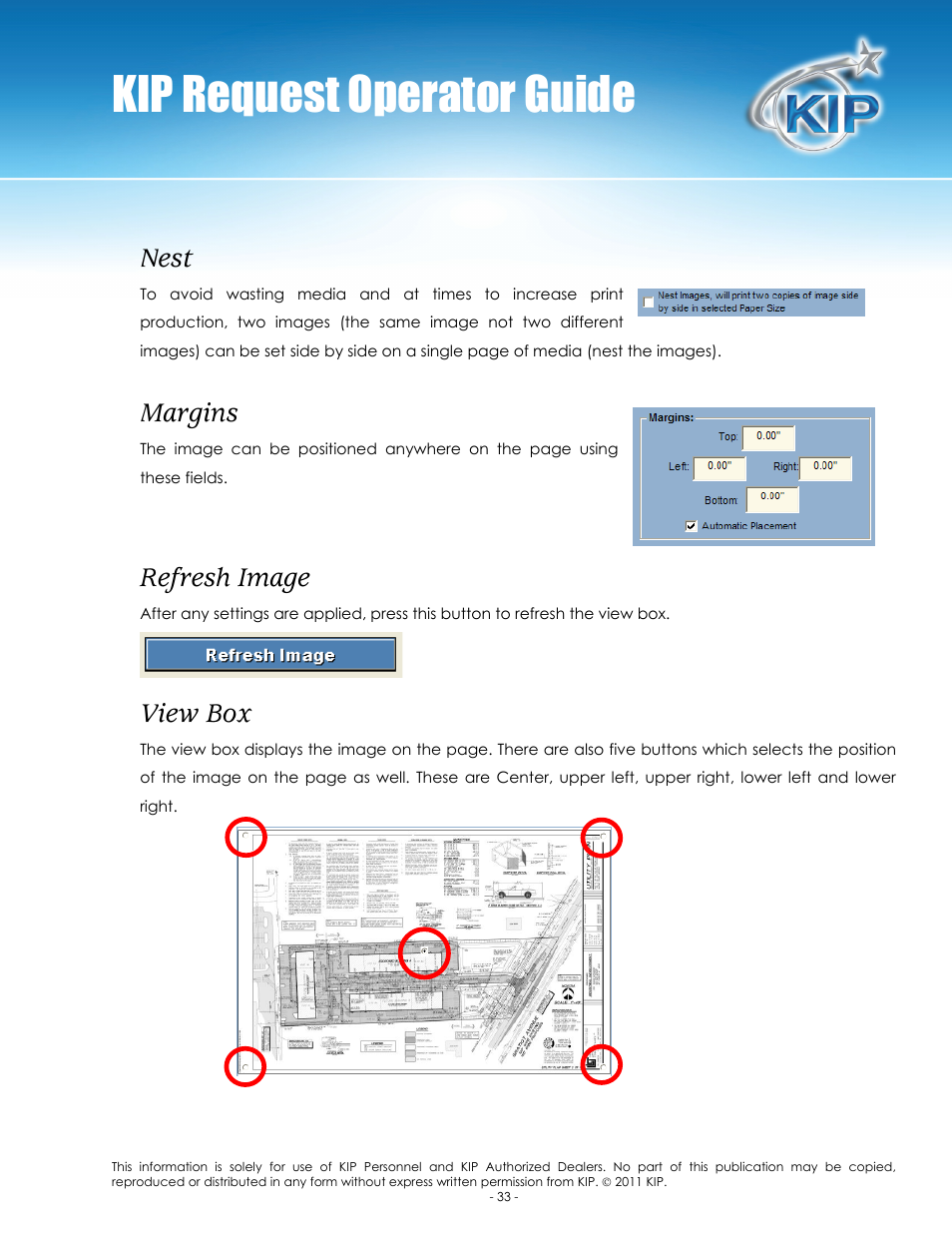 Kip request operator guide, Nest, Margins | Refresh image, View box | Konica Minolta KIP C7800 User Manual | Page 37 / 84