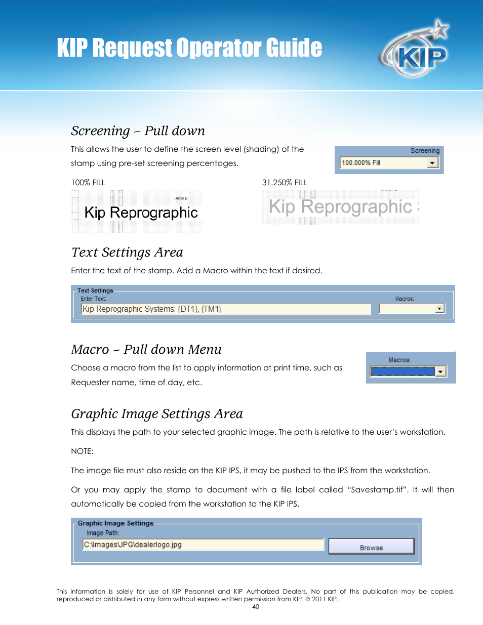 Kip request operator guide, Screening – pull down, Text settings area | Macro – pull down menu, Graphic image settings area | Konica Minolta KIP C7800 User Manual | Page 44 / 84