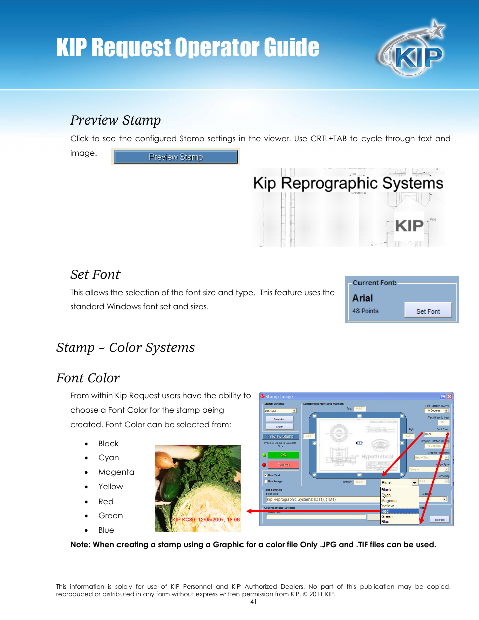 Kip request operator guide, Preview stamp, Set font | Stamp – color systems font color | Konica Minolta KIP C7800 User Manual | Page 45 / 84