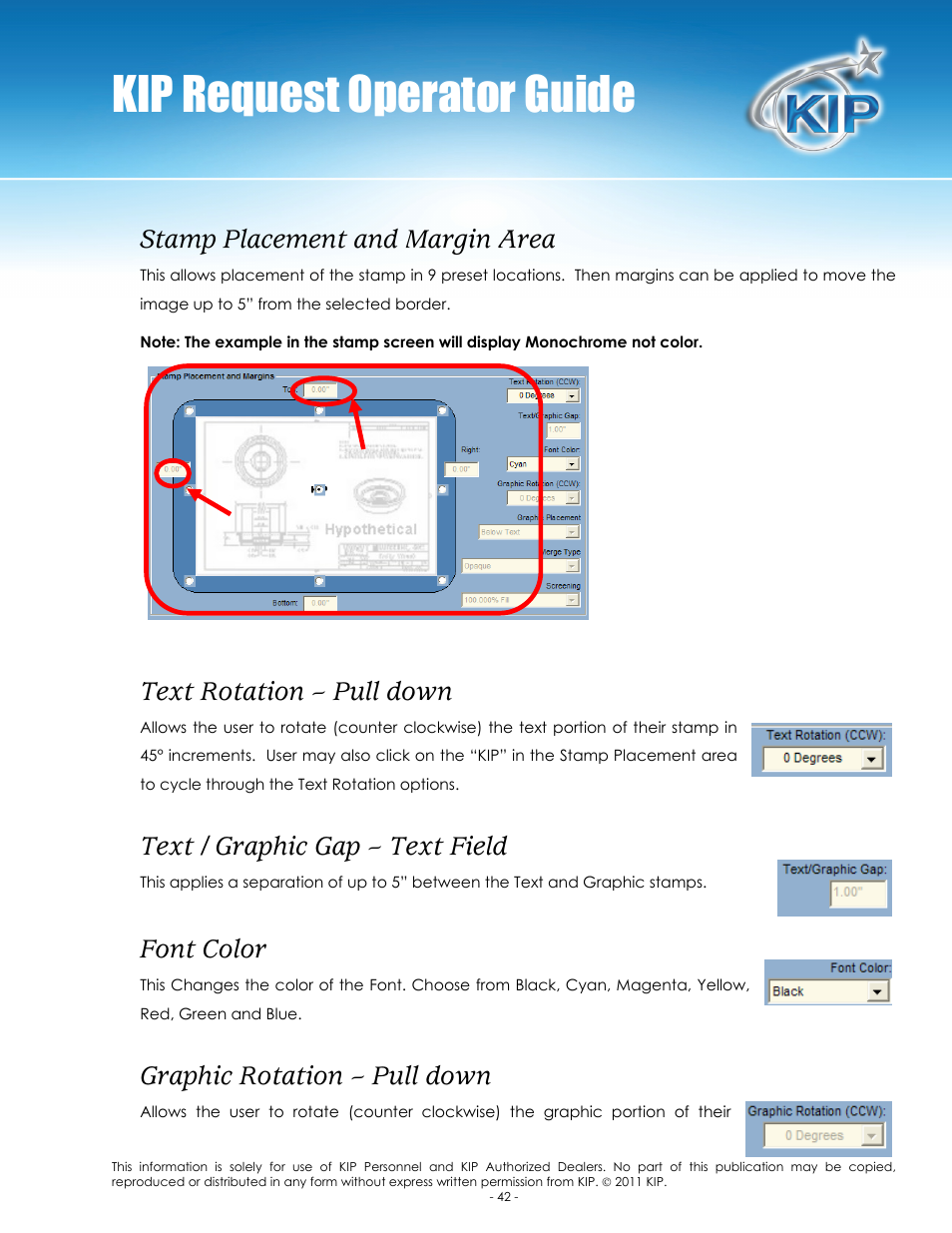 Kip request operator guide, Stamp placement and margin area, Text rotation – pull down | Text / graphic gap – text field, Font color, Graphic rotation – pull down | Konica Minolta KIP C7800 User Manual | Page 46 / 84
