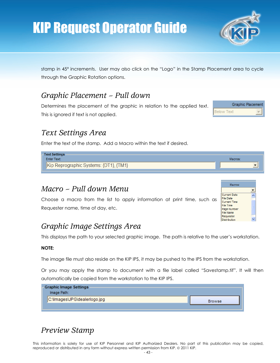 Kip request operator guide, Graphic placement – pull down, Text settings area | Macro – pull down menu, Graphic image settings area, Preview stamp | Konica Minolta KIP C7800 User Manual | Page 47 / 84